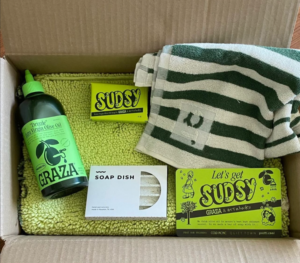 Pretti.Cool x Graza — Sudsy olive oil soap with our White Terrazzo Soap Dish