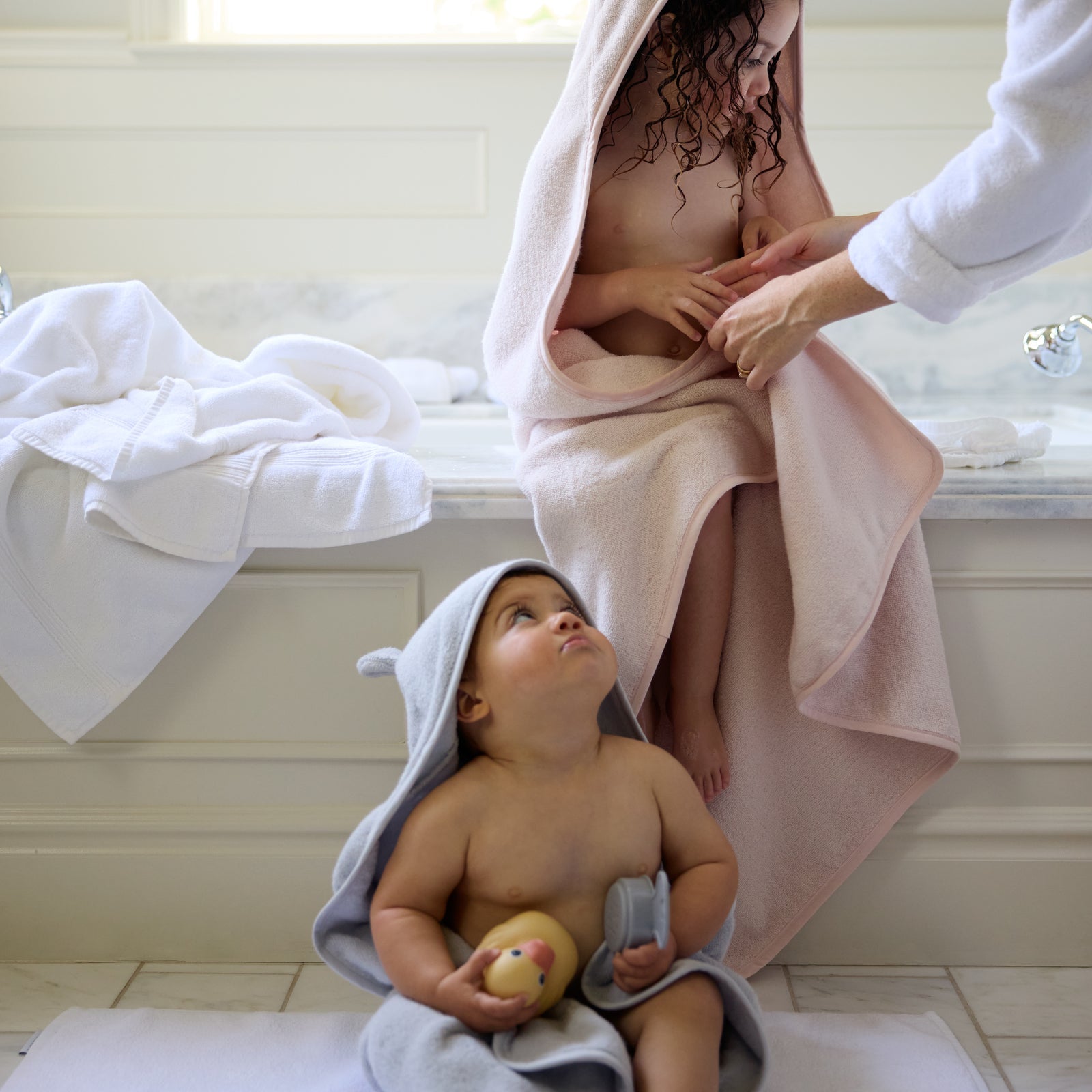 Organic Hooded Baby Towel with Ears in Blush by Parachute Home — view 2