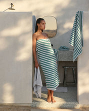 Organic Resort Stripe Towels in Sky with Malachite by Parachute Home — view 4