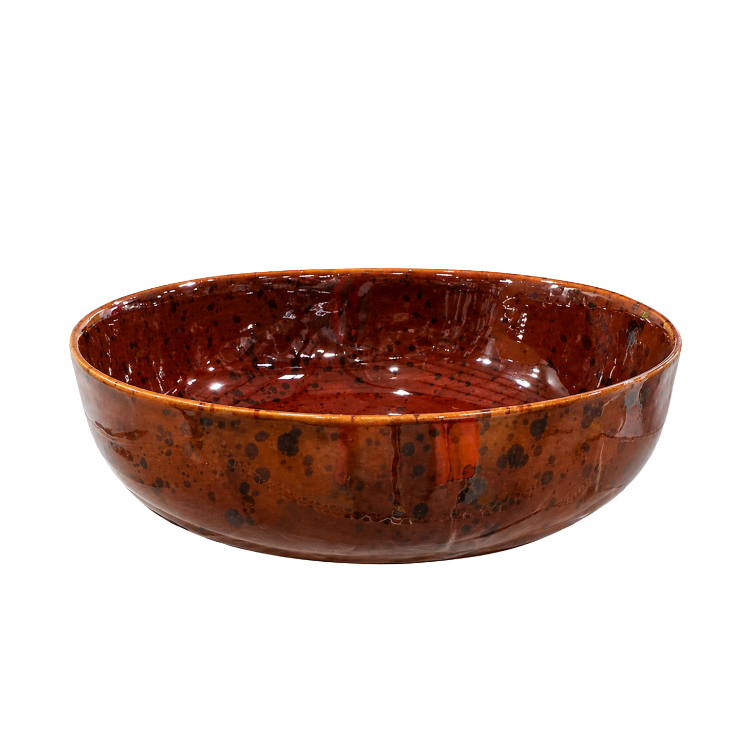 Tortoiseshell Serving Bowl — glossy cognac-brown speckled ceramic serving bowl, 9.5 inches wide