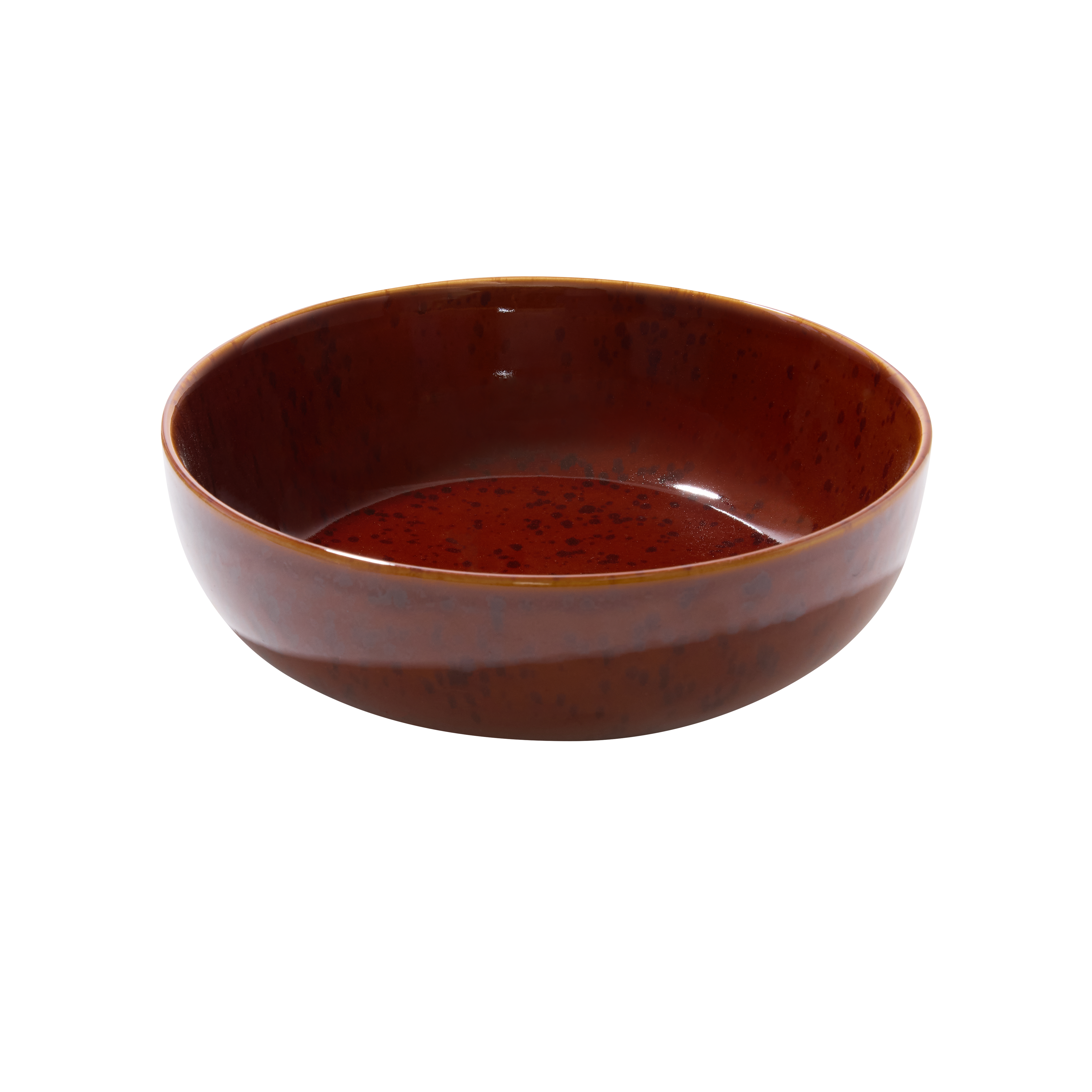Tortoiseshell Serving Bowl — angled view of speckled cognac-brown glazed interior