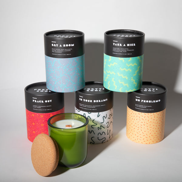 Pretti.Cool candles complete set — patterned tubes with cork-lidded glass candle