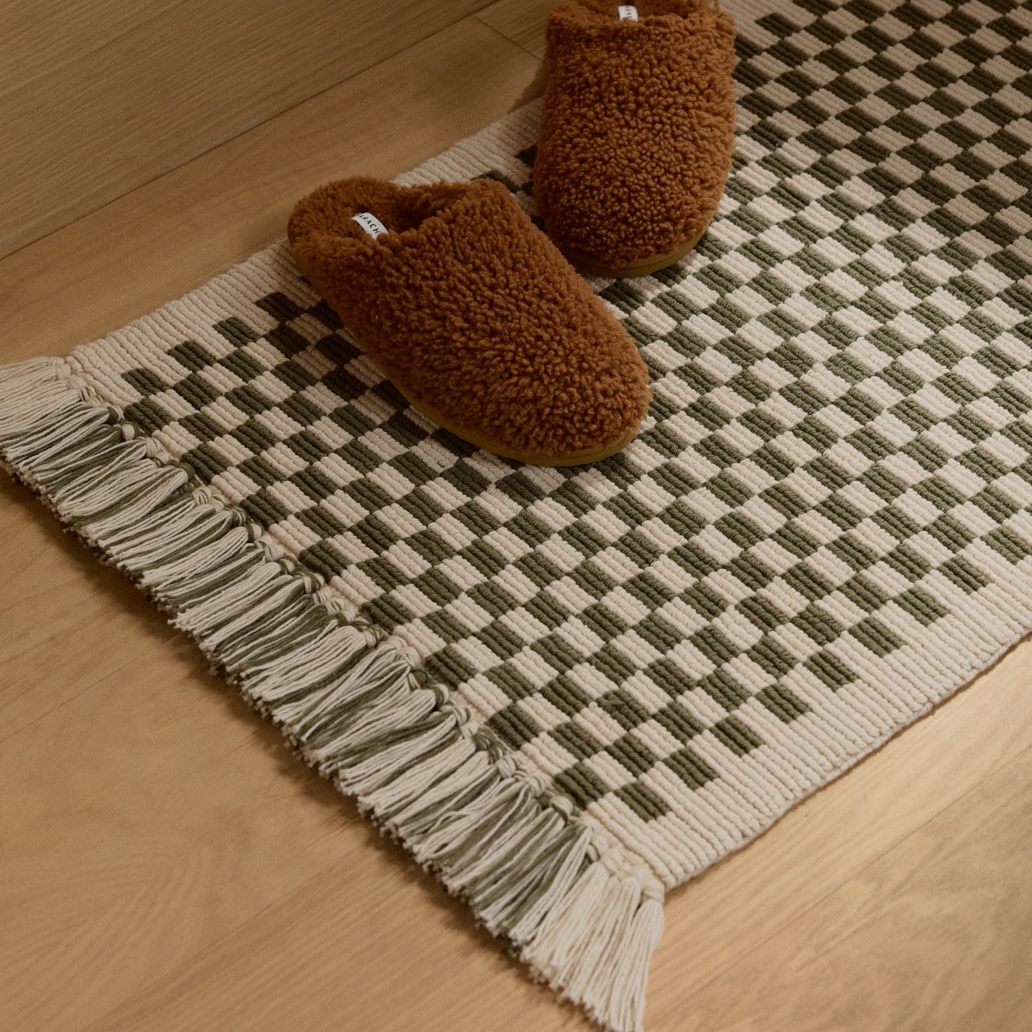 Organic Checkered Bath Rug in Natural and Thyme by Parachute Home — view 2
