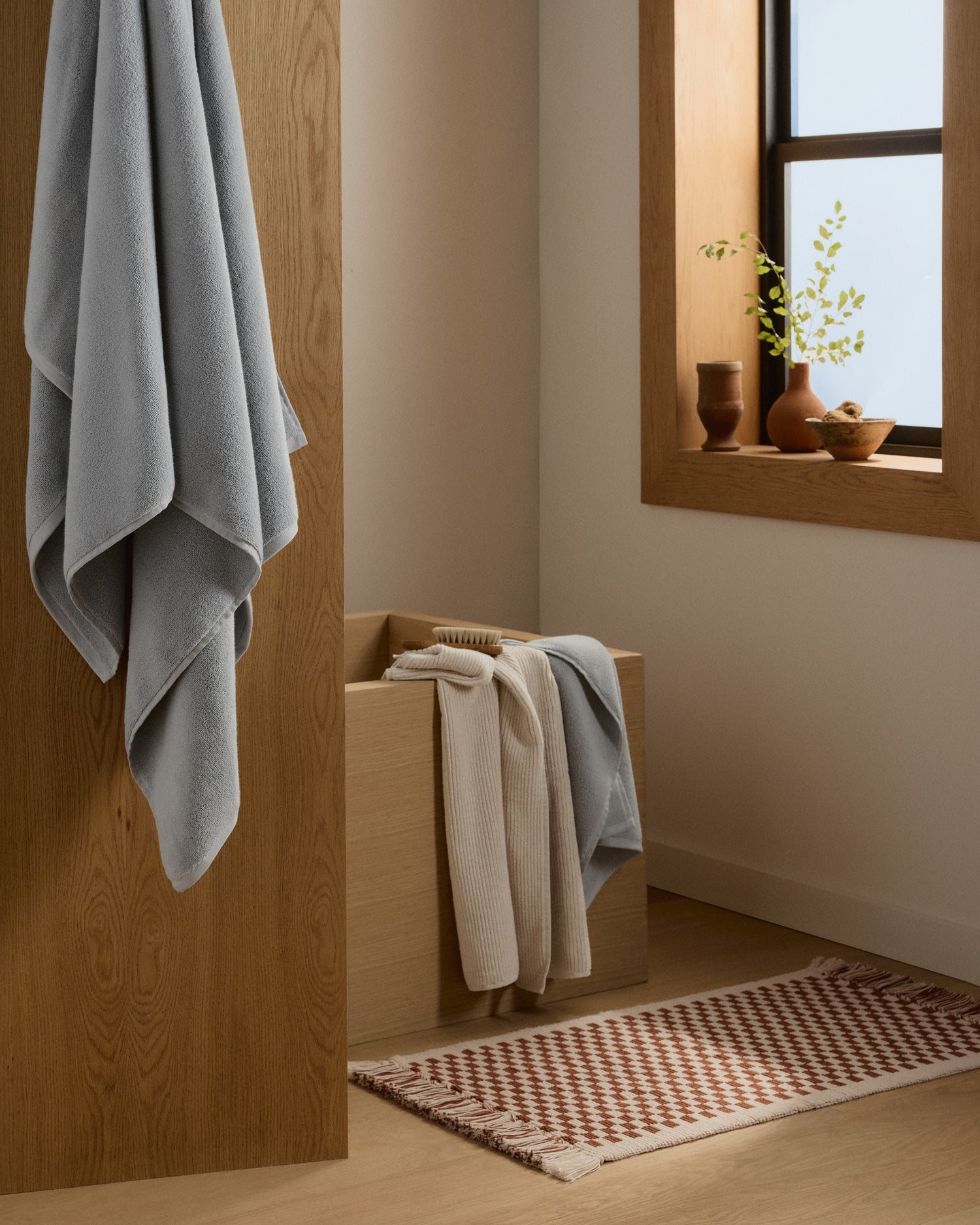 Organic Checkered Bath Rug in Natural and Tobacco by Parachute Home — view 4