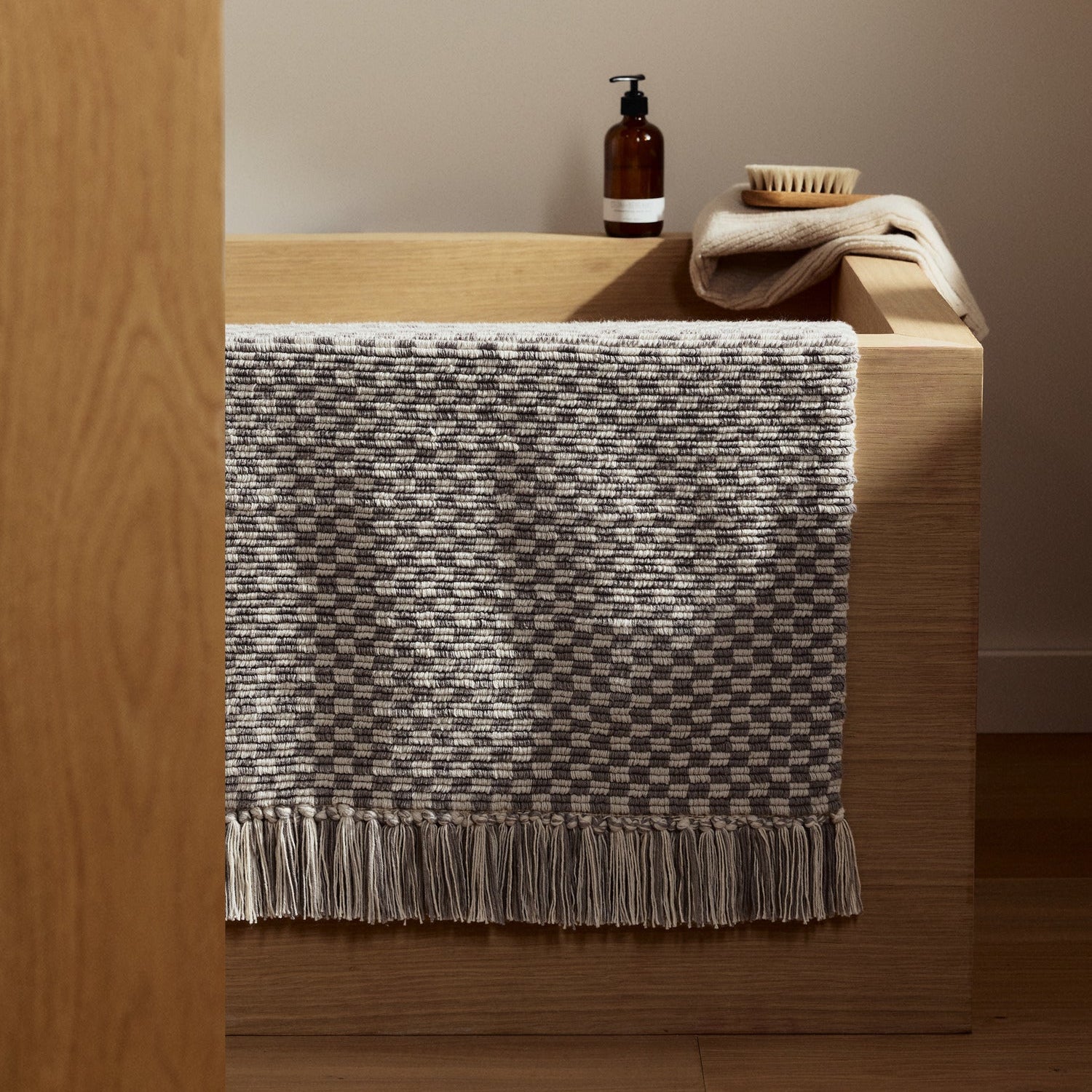Organic Checkered Bath Rug in Pebble and Dove by Parachute Home — view 2
