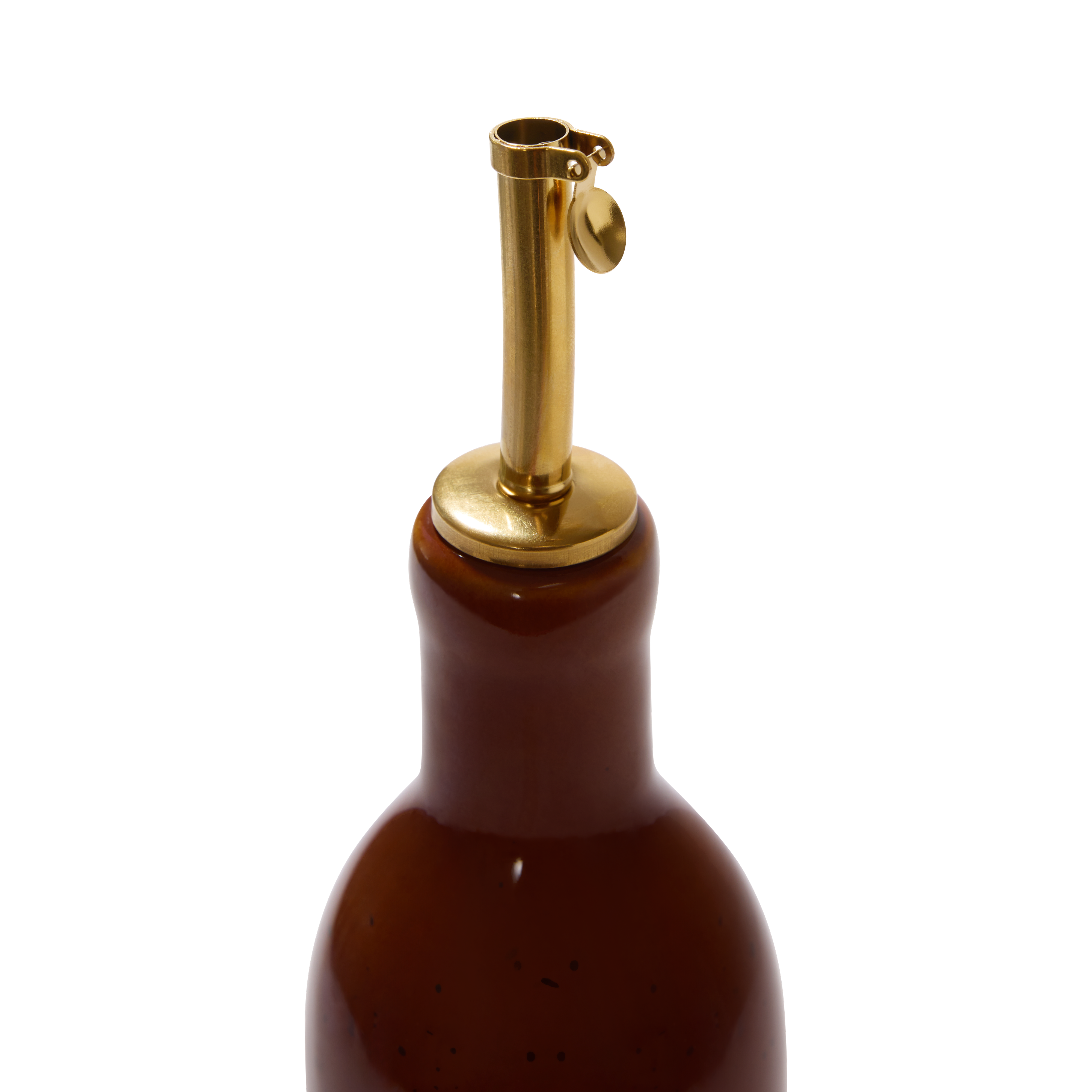 Tortoiseshell Oil Cruet — gold-tone stainless steel pour spout on glossy amber ceramic bottle