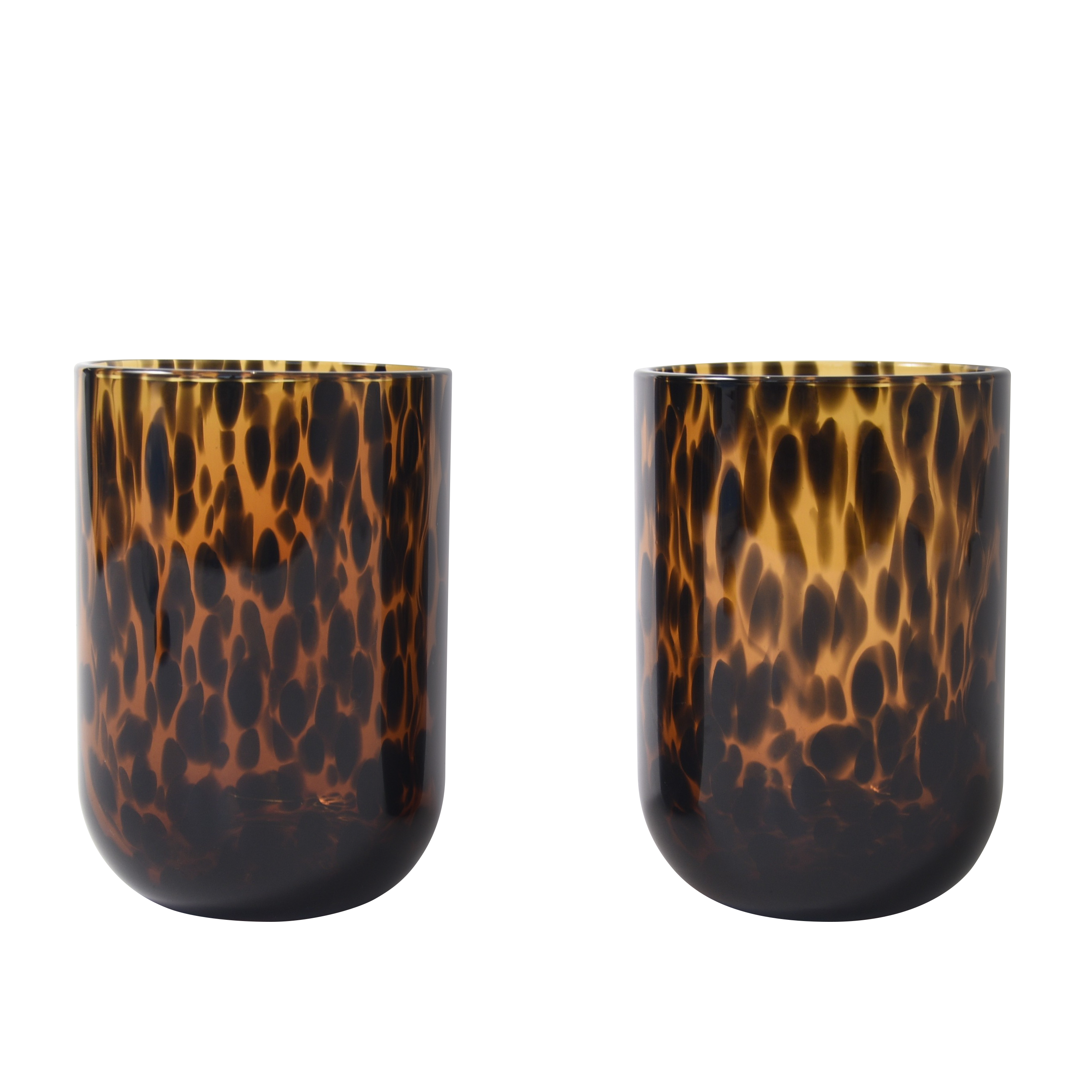 Tortoiseshell Drinking Glasses, Set of 2 — hand-blown amber glass tumblers with dark tortoise spots