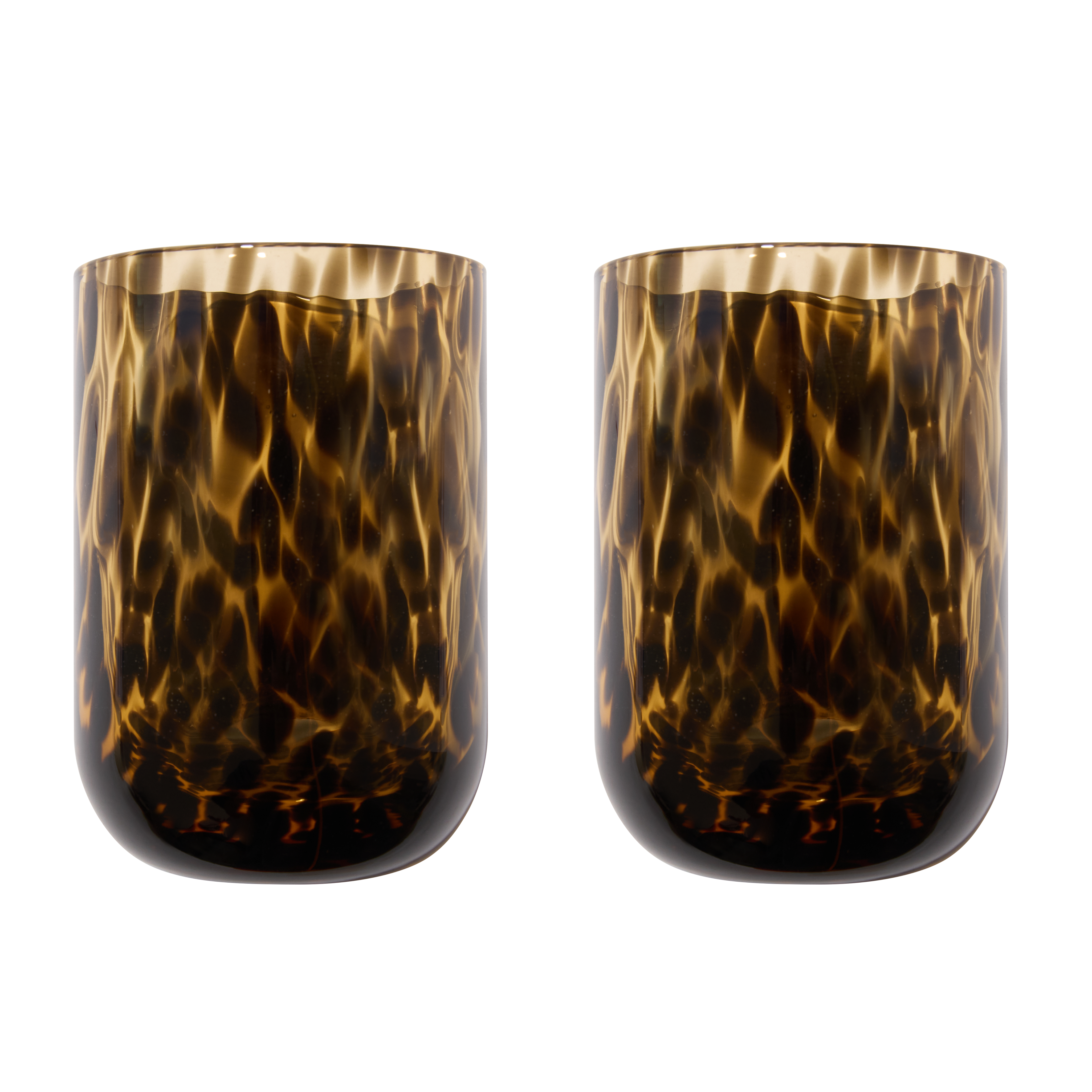 Tortoiseshell Drinking Glasses — hand-blown tortoiseshell dapple and softly fluted glass, set of 2