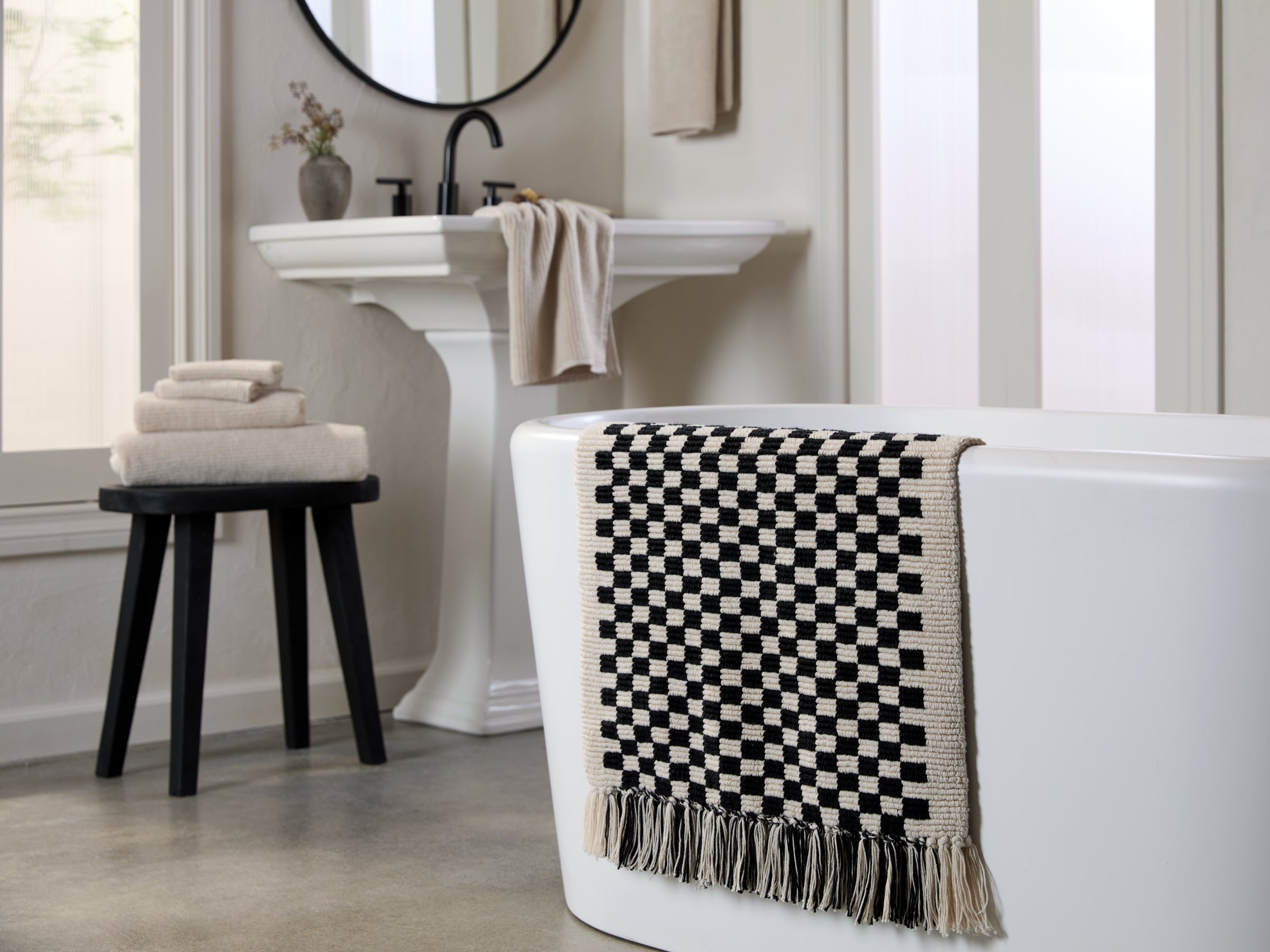 Organic Checkered Bath Rug in Natural and Black by Parachute Home — view 2