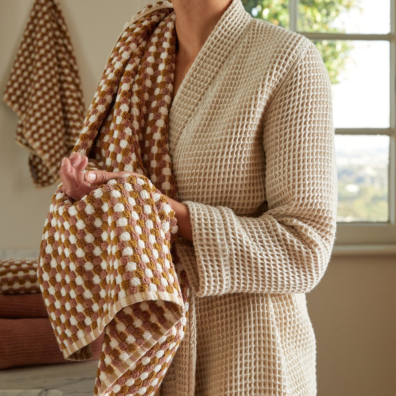 Organic Cotton Mosaic Towels in Ochre and Clay by Parachute Home — view 2
