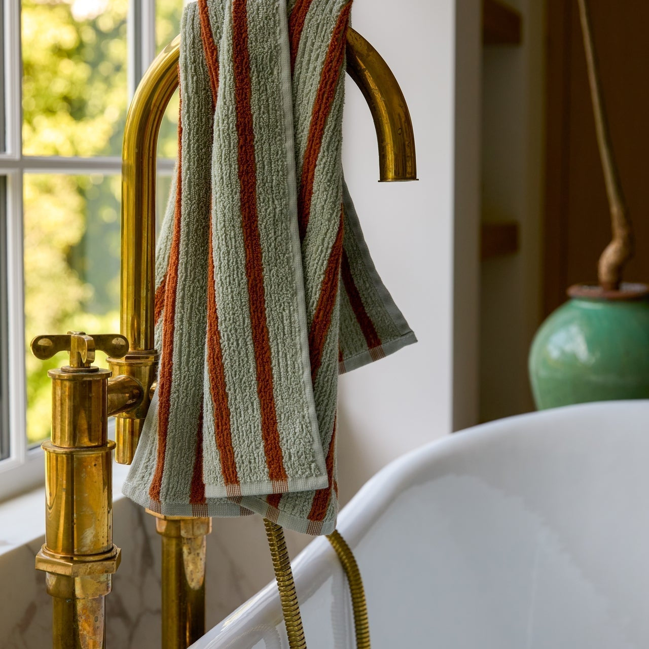 Organic Resort Stripe Towels in Sage with Russet by Parachute Home — view 2
