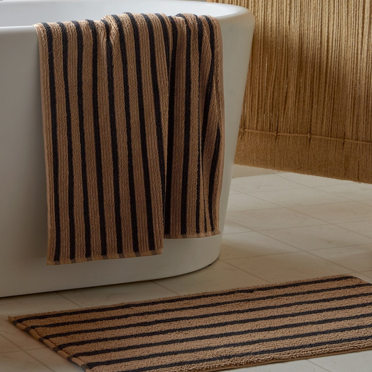 Organic Resort Stripe Tub Mat in Camel with Soft Black by Parachute Home — view 2