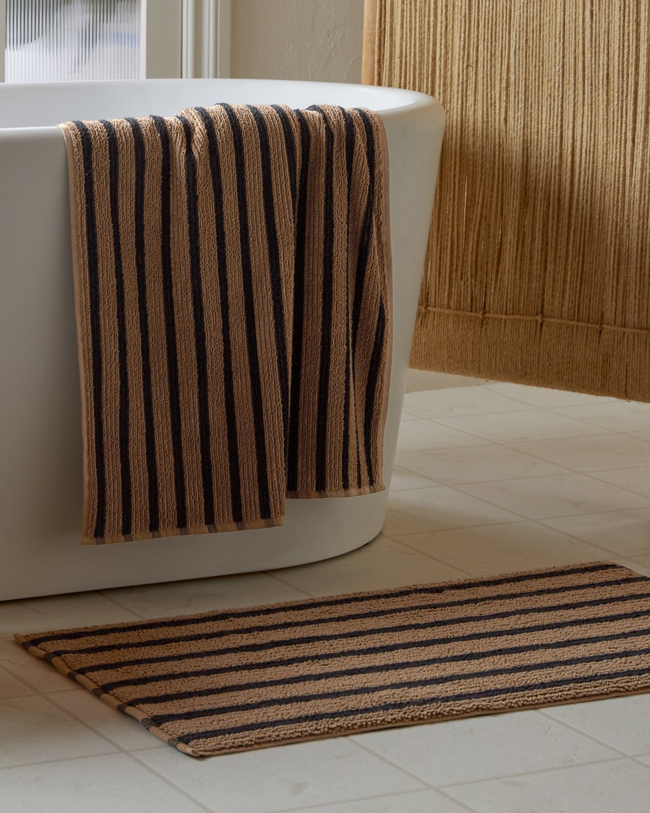 Organic Resort Stripe Tub Mat in Camel with Soft Black by Parachute Home — view 2
