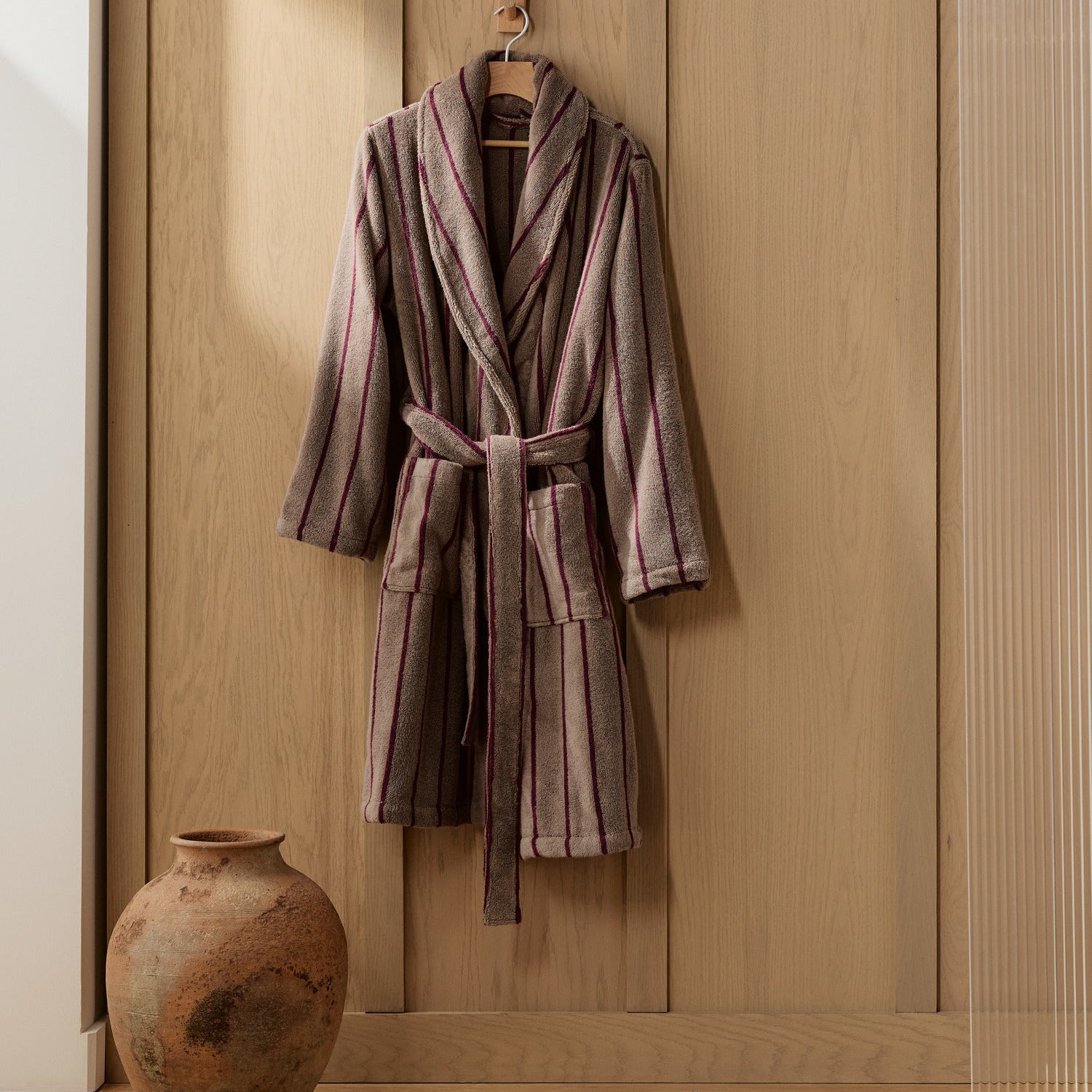Turkish Cotton Stripe Robe in Warm Grey with Garnet by Parachute Home — view 2