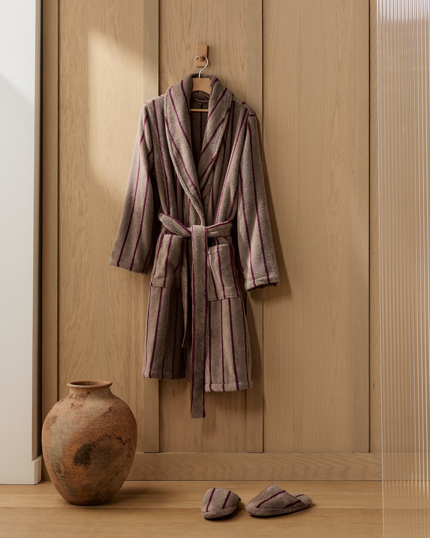 Turkish Cotton Stripe Robe in Warm Grey with Garnet by Parachute Home — view 2